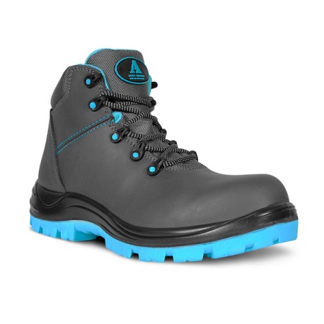 Bota de seguridad de inyección al corte napa con suela Arnedo de PU + TPU antiderrapante color Gris/Aqua